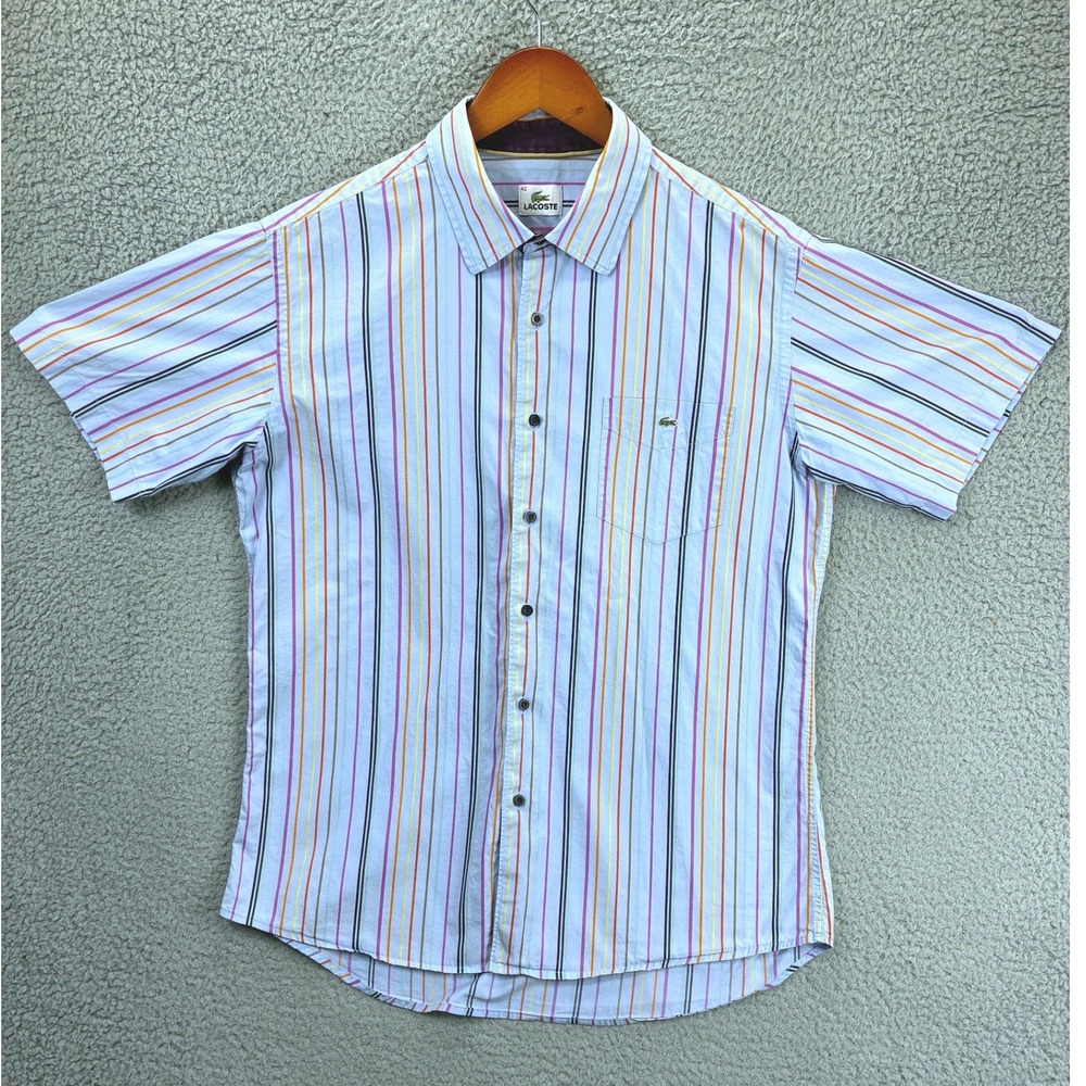 Lacoste Striped Short Sleeve Button Down Shirt Mens L Blue Cotton Preppy Casual
